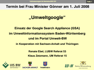 Bild der Titelseite der Publikation: Einsatz der Google Search Appliance (GSA) im Umweltinformationssystem Baden-Württemberg und im Portal Umwelt-BW