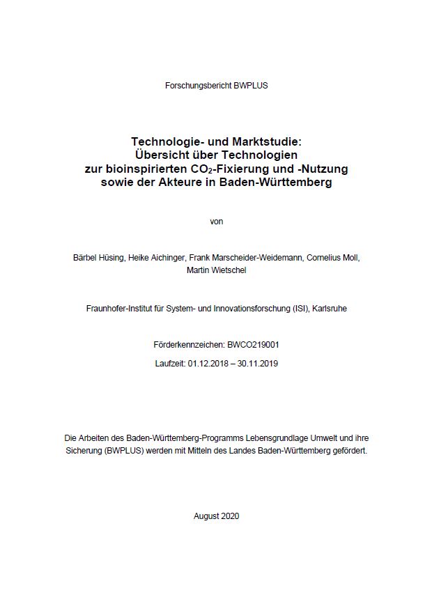 Bild der Titelseite der Publikation: Technologie- und Marktstudie: Übersicht über Technologien zur bioinspirierten CO2-Fixierung und -Nutzung sowie der Akteure in Baden-Württemberg
