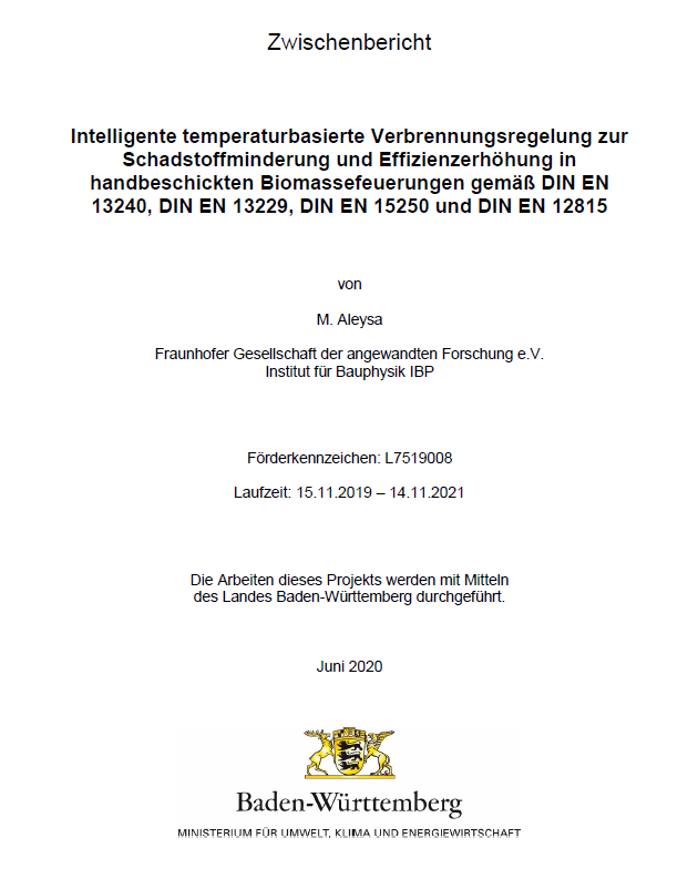 Bild der Titelseite der Publikation: Intelligente temperaturbasierte Verbrennungsregelung zur Schadstoffminderung und Effizienzerhöhung in handbeschickten Biomassefeuerungen gemäß DIN EN 13240, DIN EN 13229, DIN EN 15250 und DIN EN 12815