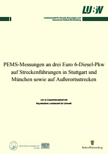 Bild der Titelseite der Publikation: PEMS-Messungen an drei Euro 6-Diesel-Pkw auf Streckenführungen in Stuttgart und München sowie auf Außerortsstrecken