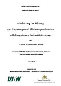 Bild der Titelseite der Publikation: Abschätzung der Wirkung von Anpassungs- und Minderungsmaßnahmen in Ballungsräumen Baden-Württembergs