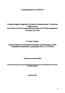 Bild der Titelseite der Publikation: Veränderungen biologischer Parameter (Immunsystem, Cytochrom P450-System) bei 3 hoch 2,3,7,8-Tetrachlordibenzo-p-dioxin (TCDD)-exponierten Personen aus Wien