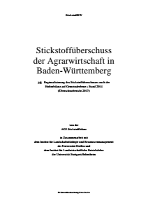 Bild der Titelseite der Publikation: Stickstoffüberschuss  der Agrarwirtschaft in  Baden-Württemberg - Regionalisierung des Stickstoffüberschusses nach der  Hoftorbilanz auf Gemeindeebene - Stand 2014