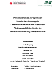 Bild der Titelseite der Publikation: Potenzialanalyse zur optimalen Standortbestimmung der Ladeinfrastruktur für den Ausbau der Elektromobilität im Gebiet der Wirtschaftsförderungsgesellschaft (WFG) Bruchsal