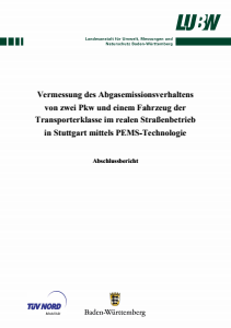 Bild der Titelseite der Publikation: Vermessung des Abgasemissionsverhaltens von zwei Pkw und einem Fahrzeug der Transporterklasse im realen Straßenbetrieb in Stuttgart mittels PEMS-Technologie