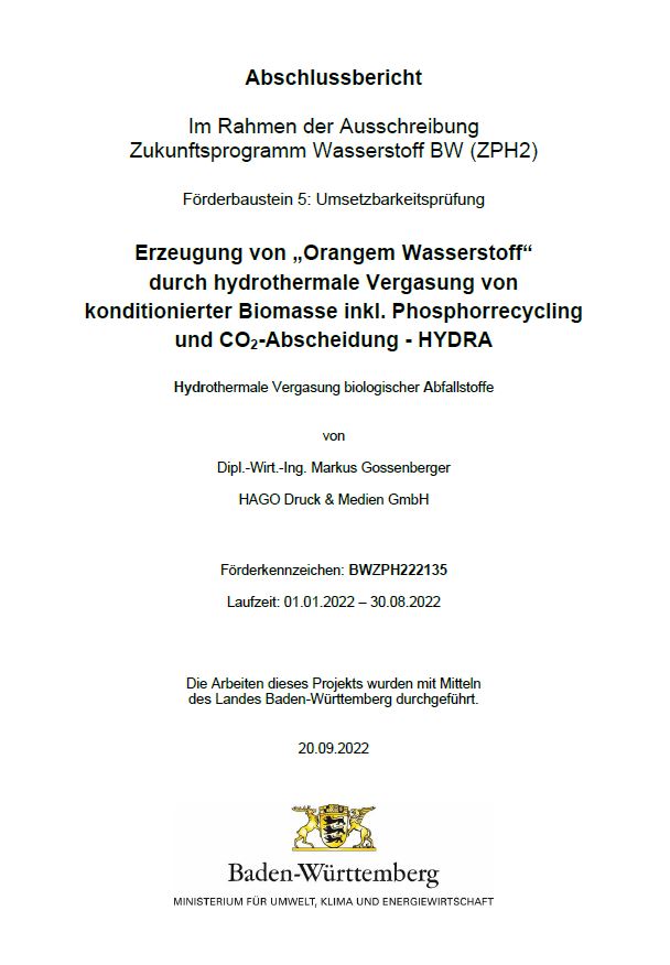 Bild der Titelseite der Publikation: Erzeugung von „Orangem Wasserstoff“ durch hydrothermale Vergasung von konditionierter Biomasse inkl. Phosphorrecycling und CO2-Abscheidung