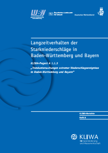 Bild der Titelseite der Publikation: Langzeitverhalten der Starkniederschläge in Baden-Württemberg und Bayern