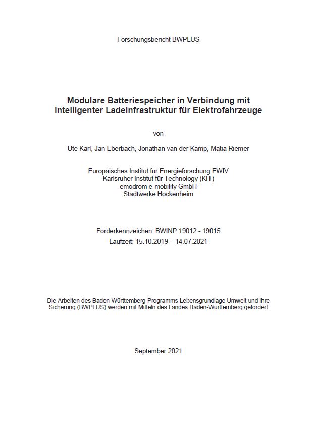 Bild der Titelseite der Publikation: Modulare Batteriespeicher in Verbindung mit intelligenter Ladeinfrastruktur für Elektrofahrzeuge