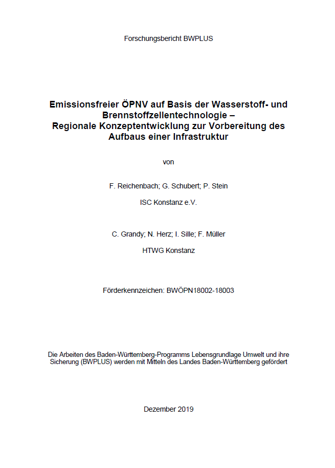 Bild der Titelseite der Publikation: Emissionsfreier ÖPNV auf Basis der Wasserstoff- und Brennstoffzellentechnologie - Regionale Konzeptentwicklung zur Vorbereitung des Aufbaus einer Infrastruktur
