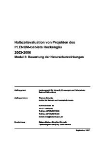 Bild der Titelseite der Publikation: PLENUM Naturschutzwirkungen Halbzeitevaluation Heckengäu