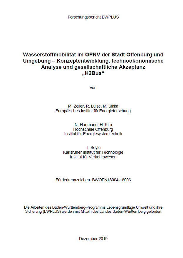 Bild der Titelseite der Publikation: Wasserstoffmobilität im ÖPNV der Stadt Offenburg und Umgebung - Konzeptentwicklung, technoökonomische Analyse und gesellschaftliche Akzeptanz