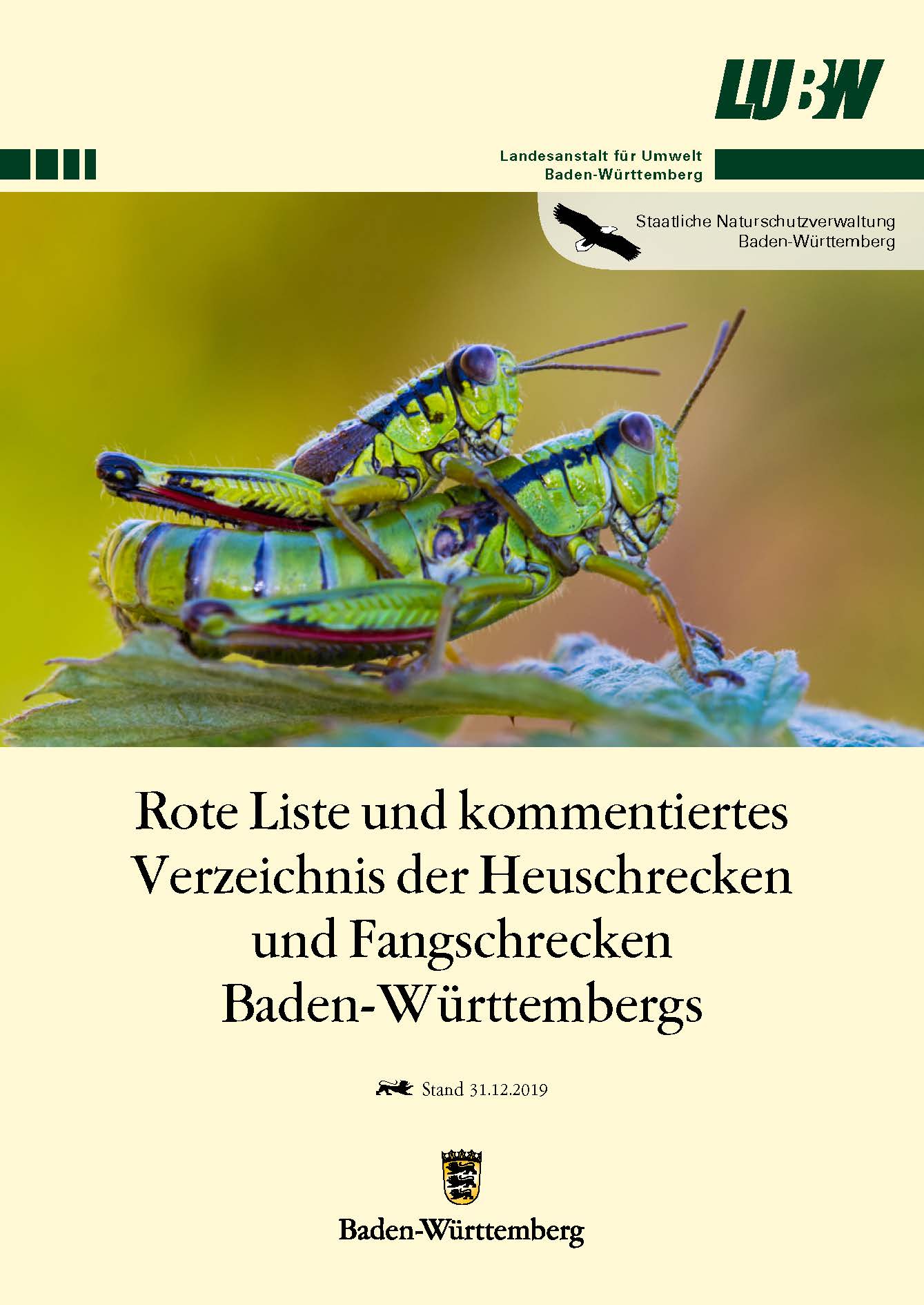 Bild der Titelseite der Publikation: Rote Liste und kommentiertes Verzeichnis der Heuschrecken und Fangschrecken Baden-Württembergs
