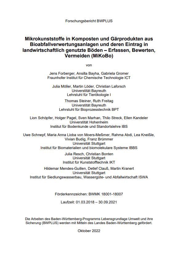 Bild der Titelseite der Publikation: Mikrokunststoffe in Komposten und Gärprodukten aus Bioabfallverwertungsanlagen und deren Eintrag in landwirtschaftlich genutzte Böden - Erfassen, Bewerten, Vermeiden