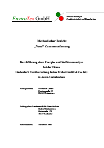 Bild der Titelseite der Publikation: Kurzbericht: Durchführung einer Energie- und Stoffstromanalyse bei der Firma Lindenfarb Textilveredlung Julius Probst GmbH & Co. KG in Aalen-Unterkochen (Pilotbetrieb)