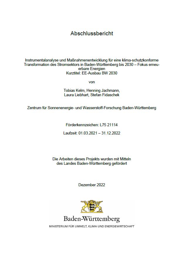 Bild der Titelseite der Publikation: Instrumentalanalyse und Maßnahmenentwicklung für eine klima-schutzkonforme Transformation des Stromsektors in Baden-Württemberg bis 2030 – Fokus erneuerbare Energien