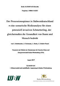 Bild der Titelseite der Publikation: Der Prozessionsspinner in Südwestdeutschland - eine szenarische Risikoanalyse für einen potenziell invasiven Schmetterling, der gleichermaßen die Gesundheit von Baum und Mensch bedroht