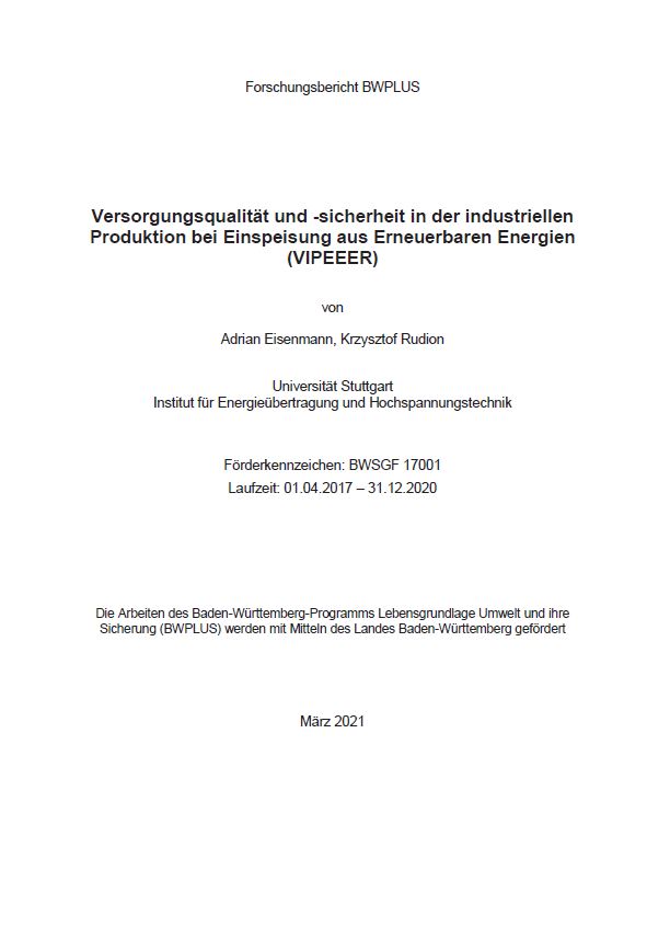 Bild der Titelseite der Publikation: Versorgungsqualität und -sicherheit in der industriellen Produktion bei Einspeisung aus Erneuerbaren Energien