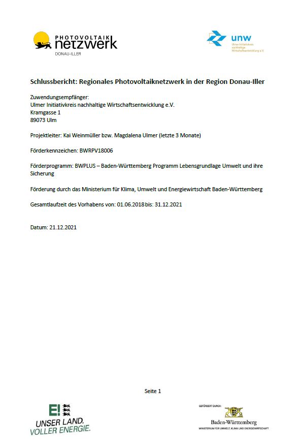 Bild der Titelseite der Publikation: Regionales Photovoltaiknetzwerk in der Region Donau-Iller