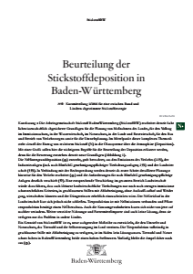 Bild der Titelseite der Publikation: Beurteilung der  Stickstoffdeposition in  Baden-Württemberg - Kurzmitteilung 1/2016 für eine zwischen Bund und  Ländern abgestimmte Stickstoffstrategie