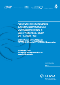 Bild der Titelseite der Publikation: Auswirkungen des Klimawandels auf Bodenwasserhaushalt und Grundwasserneubildung in Baden-Württemberg, Bayern und Rheinland-Pfalz