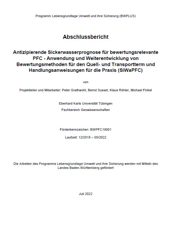 Bild der Titelseite der Publikation: Antizipierende Sickerwasserprognose für bewertungsrelevante PFC - Anwendung und Weiterentwicklung von Bewertungsmethoden für den Quell- und Transportterm und Handlungsanweisungen für die Praxis