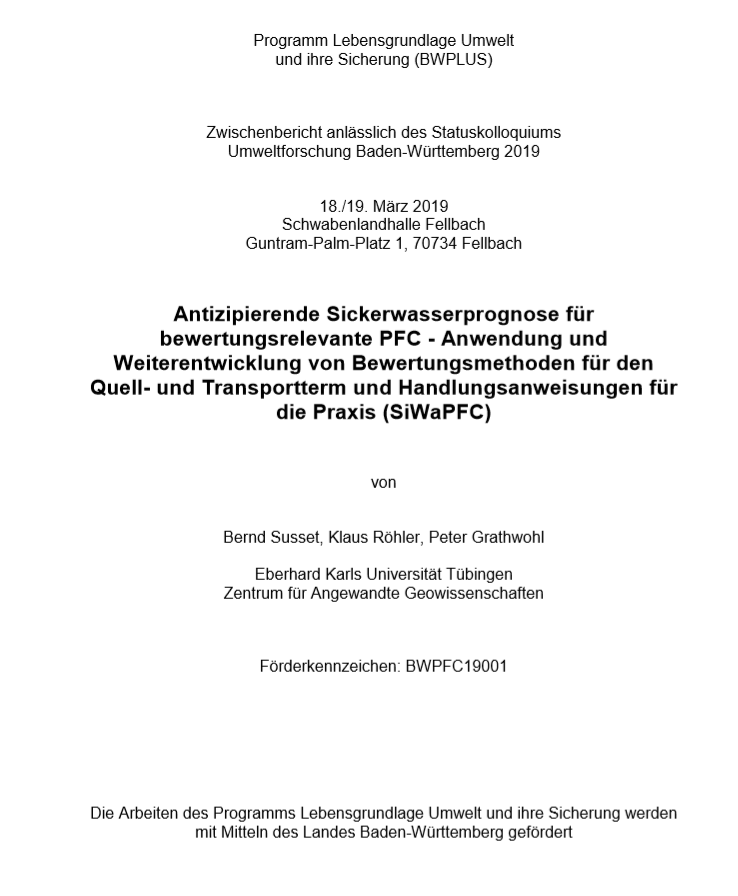 Bild der Titelseite der Publikation: Antizipierende Sickerwasserprognose für bewertungsrelevante PFC - Anwendung und Weiterentwicklung von Bewerungsmethoden für den Quell- und Transportterm und Handlungsanweisungen für die Praxis