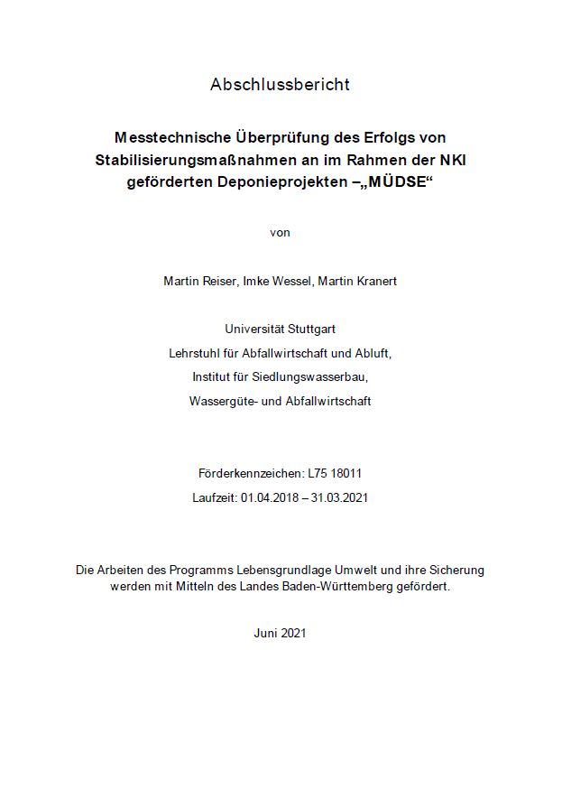 Bild der Titelseite der Publikation: Messtechnische Überprüfung des Erfolgs von Stabilisierungsmaßnahmen an im Rahmen der NKI geförderten Deponieprojekten