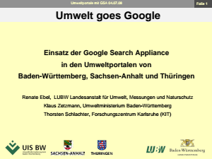 Bild der Titelseite der Publikation: Einsatz der Google Search Appliance in den Umweltportalen von Baden-Württemberg, Sachsen-Anhalt und Thüringen