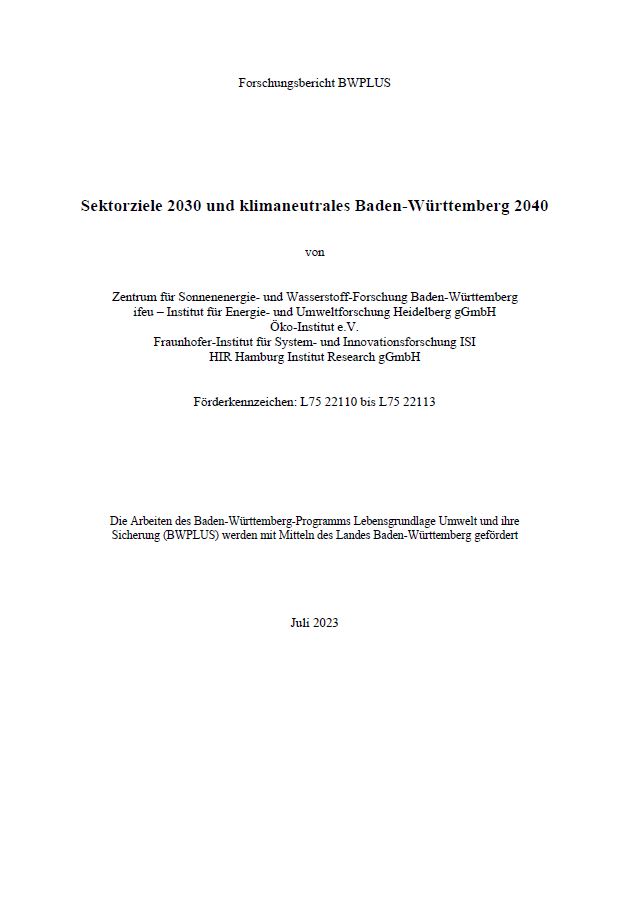Bild der Titelseite der Publikation: Sektorziele 2030 und klimaneutrales Baden-Württemberg 2040