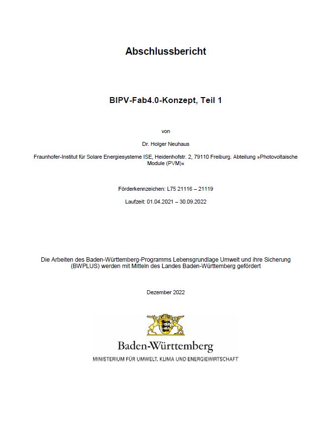 Bild der Titelseite der Publikation: Industrielle Fertigung von kundenspezifischen BIPV-Modulen in Baden-Württemberg