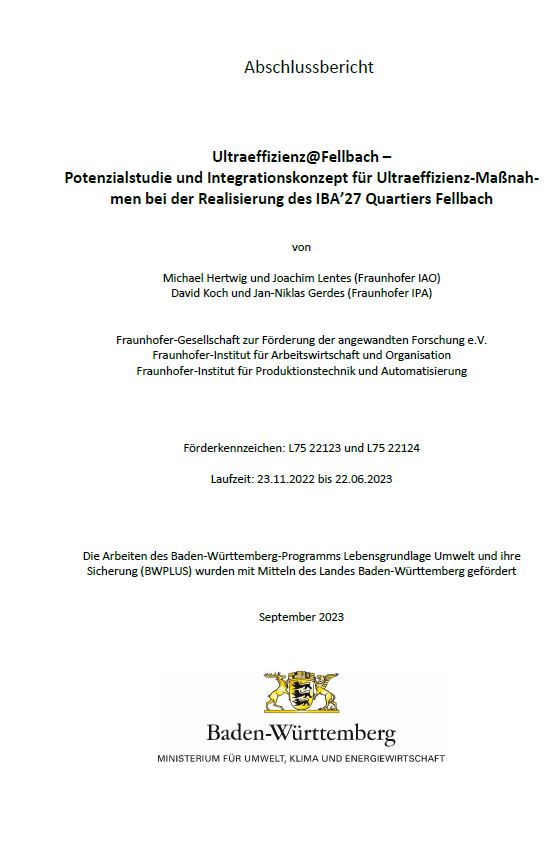 Bild der Titelseite der Publikation: Potenzialstudie und Integrationskonzept für Ultraeffizienz-Maßnahmen bei der Realisierung des IBA’27 Quartiers Fellbach