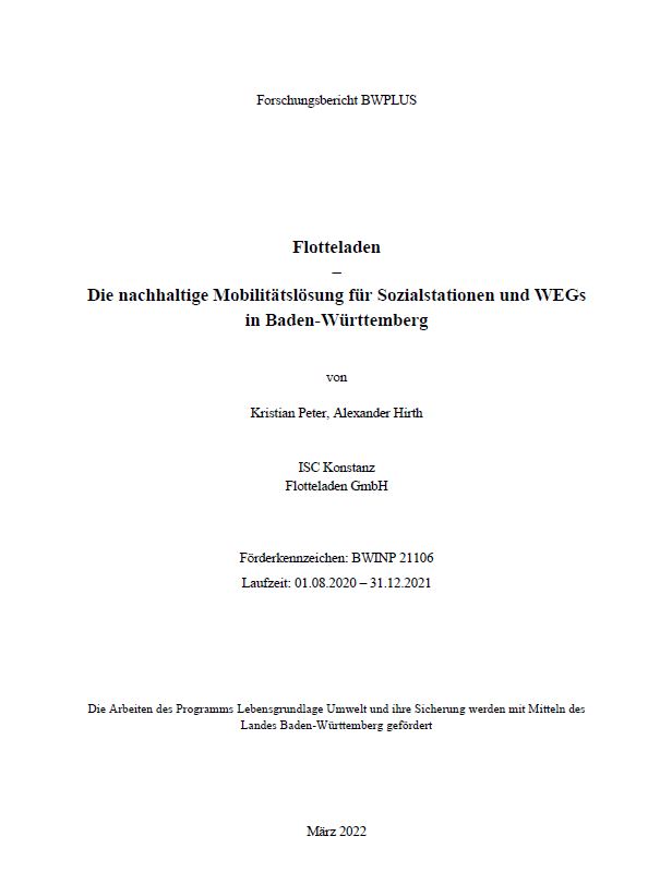 Bild der Titelseite der Publikation: Flotteladen - Die nachhaltige Mobilitätslösung für Sozialstationen und WEGs in Baden-Württemberg Flotteladen