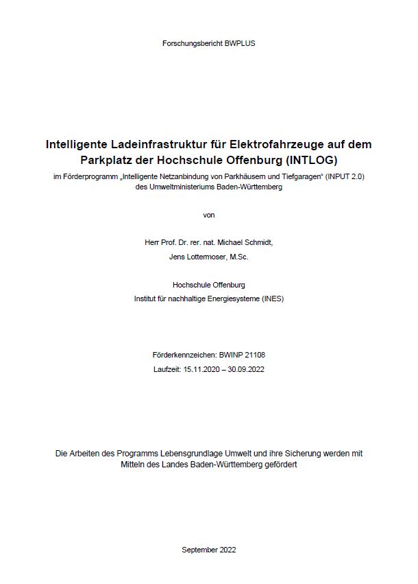 Bild der Titelseite der Publikation: Intelligente Ladeinfrastruktur für Elektrofahrzeuge auf dem Parkplatz der Hochschule Offenburg