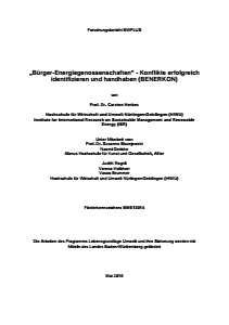 Bild der Titelseite der Publikation: Bürger-Energiegenossenschaften - Konflikte erfolgreich identifizieren und handhaben (BENERKON)
