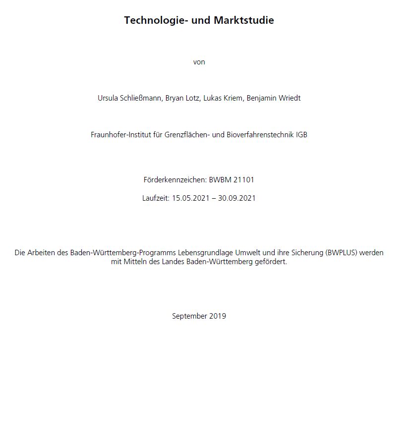 Bild der Titelseite der Publikation: Technologie- und Marktanalyse zum Thema Biomining in Baden-Württemberg