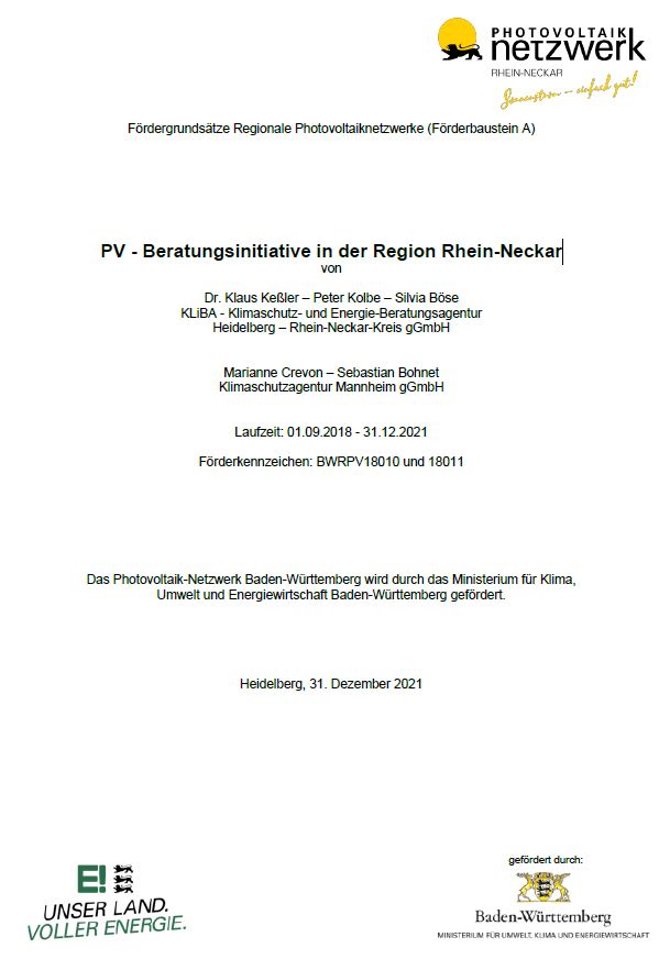 Bild der Titelseite der Publikation: PV - Beratungsinitiative in der Region Rhein-Neckar