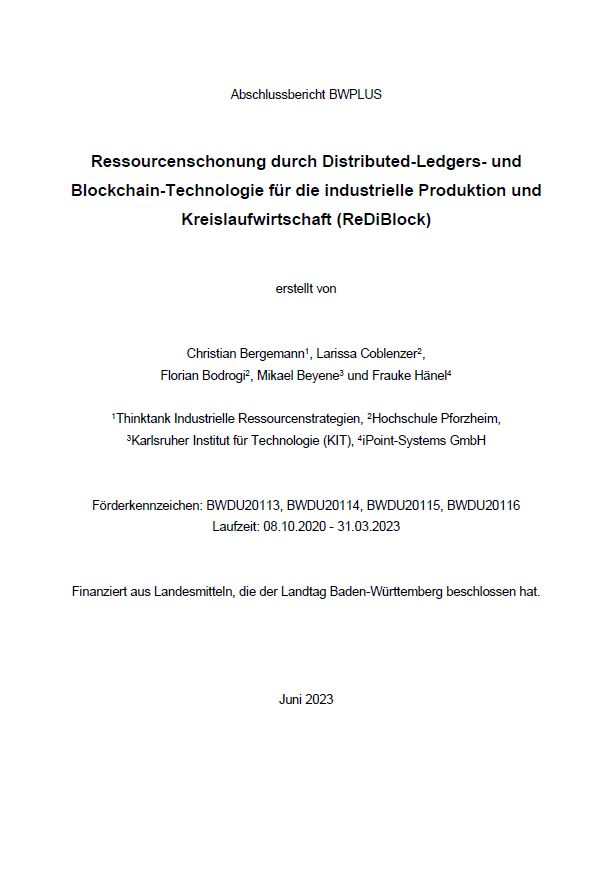 Bild der Titelseite der Publikation: Ressourcenschonung durch Distributed-Ledgers- und Blockchain-Technologie für die industrielle Produktion und Kreislaufwirtschaft