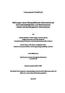 Bild der Titelseite der Publikation: Wirkungen neuer klimapolitischer Instrumente auf Innovationstätigkeiten und Marktchancen baden-württembergischer Unternehmen