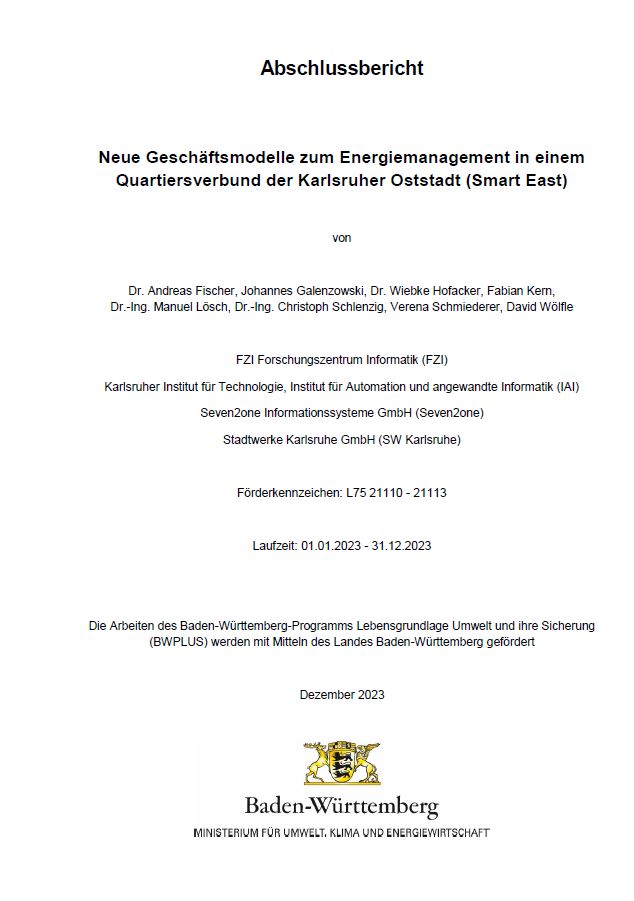 Bild der Titelseite der Publikation: Neue Geschäftsmodelle zum Energiemanagement in einem Quartiersverbund der Karlsruher Oststadt