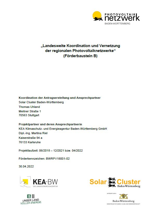 Bild der Titelseite der Publikation: Landesweite Koordination und Vernetzung der regionalen Photovoltaiknetzwerke