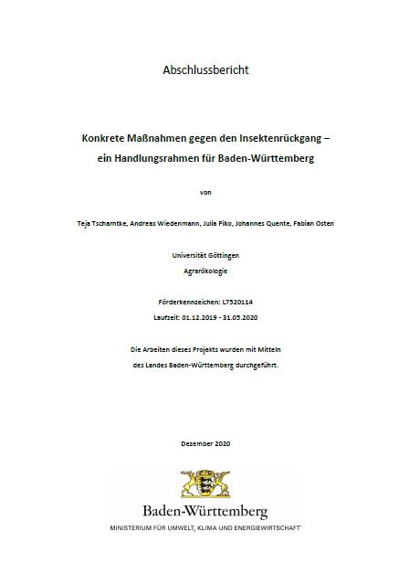 Bild der Titelseite der Publikation: Konkrete Maßnahmen gegen den Insektenrückgang – ein Handlungsrahmen für Baden-Württemberg
