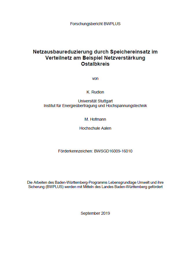 Bild der Titelseite der Publikation: Netzausbaureduzierung durch Speichereinsatz im Verteilnetz am Beispiel Netzverstärkung Ostalbkreis