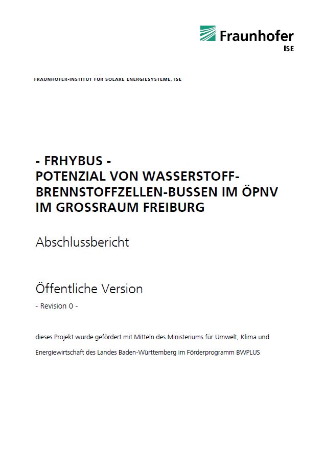 Bild der Titelseite der Publikation: Potenzial von Wasserstoff-Brennstoffzellen-Bussen im ÖPNV im Großraum Freiburg