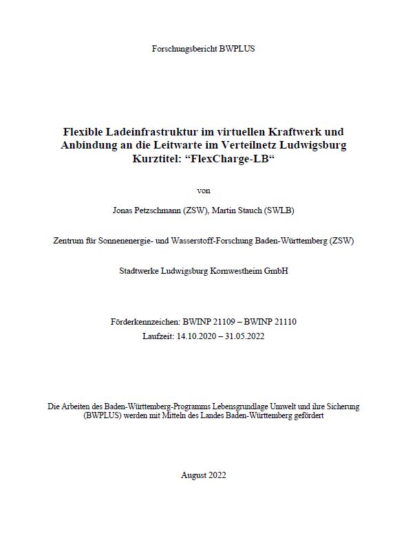 Bild der Titelseite der Publikation: Flexible Ladeinfrastruktur im virtuellen Kraftwerk und Anbindung an die Leitwarte im Verteilnetz Ludwigsburg