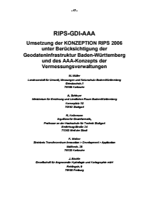 Bild der Titelseite der Publikation: RIPS-GDI-AAA - Umsetzung der KONZEPTION RIPS 2006 unter Berücksichtigung der Geodateninfrastruktur Baden-Württemberg und des AAA-Konzepts der Vermessungsverwaltungen