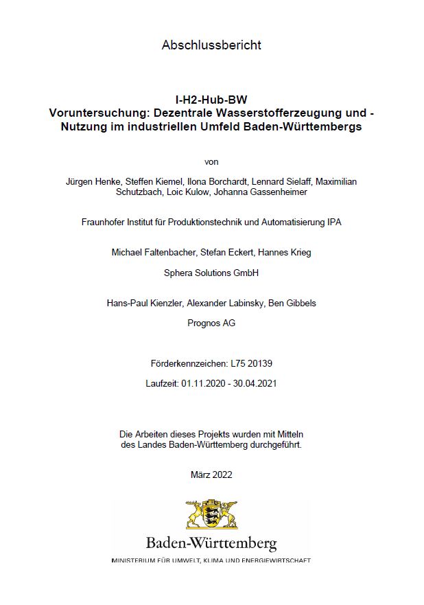 Bild der Titelseite der Publikation: Voruntersuchung: Dezentrale Wasserstofferzeugung und -Nutzung im industriellen Umfeld Baden-Württembergs