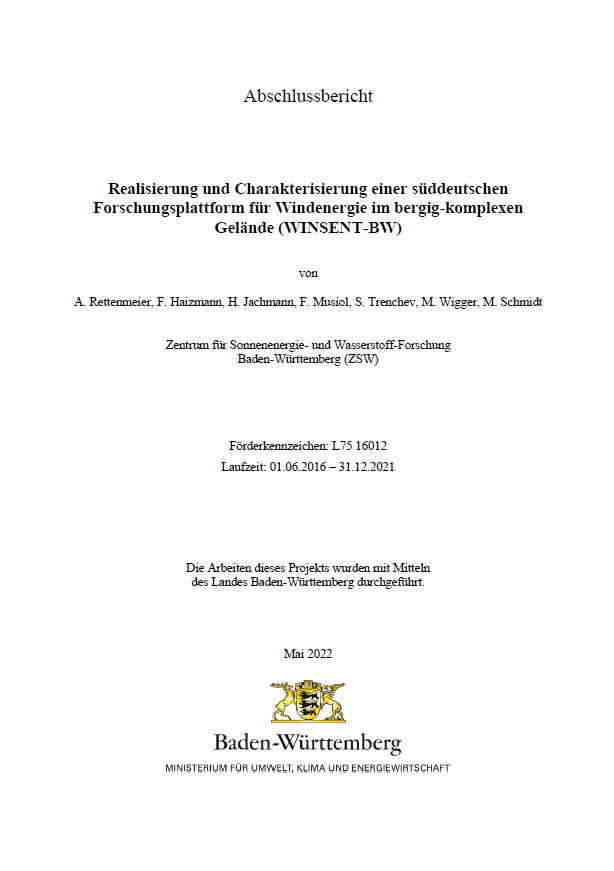 Bild der Titelseite der Publikation: Realisierung und Charakterisierung einer süddeutschen Forschungsplattform für Windenergie im bergig-komplexen Gelände