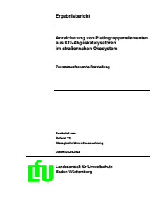 Bild der Titelseite der Publikation: Anreicherung von Platingruppenelementen aus Kfz-Abgaskatalysatoren im straßennahen Ökosystem