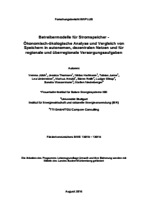 Bild der Titelseite der Publikation: BETREIBERMODELLE FÜR STROMSPEICHER - Ökonomisch-ökologische Analyse und Vergleich von Speichern in autonomen, dezentralen Netzen und für regionale und überregionale Versorgungsaufgaben