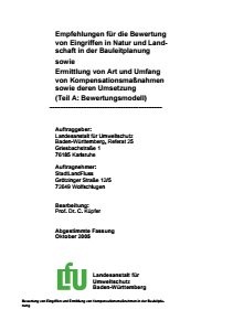 Bild der Titelseite der Publikation: Empfehlungen für die Bewertung von Eingriffen in Natur und Landschaft in der Bauleitplanung, Ermittlung von Art und Umfang von Kompensationsmaßnahmen sowie deren Umsetzung (A).